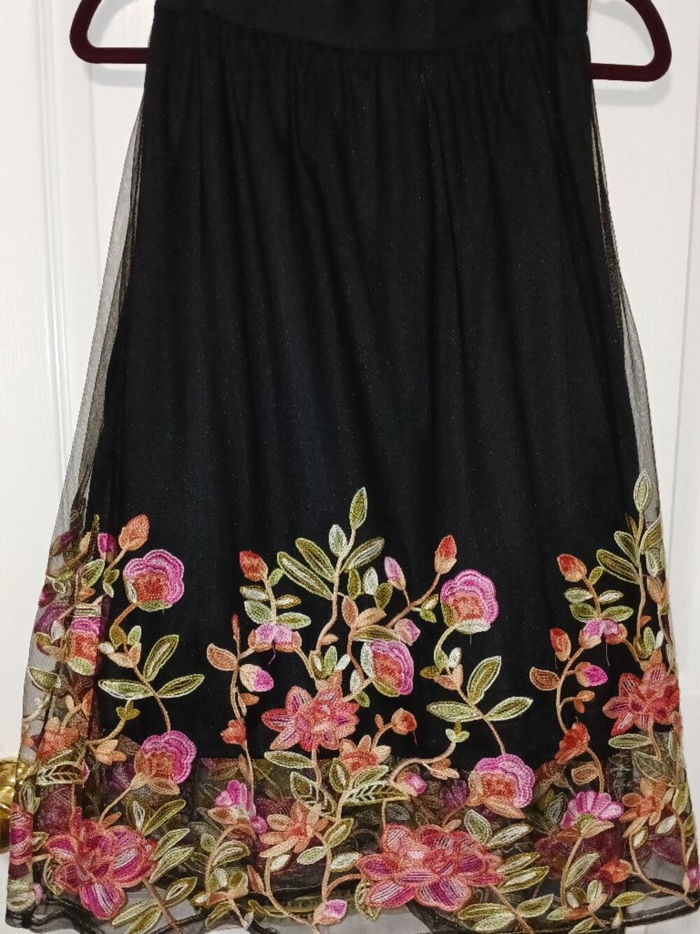 Magic Black Floral Embroidered Sheer Mesh Midi Skirt Lined Pull On Boho
